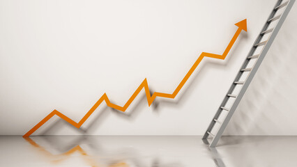 Rising sales arrow leading to the ladder. Business and marketing concept. 3D illustration