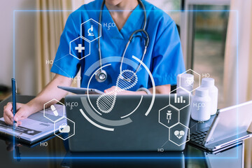 Medicine doctor touching electronic medical record on tablet. DNA. Digital healthcare and network connection on hologram modern virtual icon