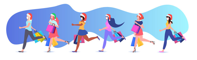 women in santa hats and masks running with shopping bags new year big sale coronavirus quarantine concept full length horizontal vector illustration