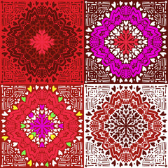 Round mandala made of hearts and different vector shapes