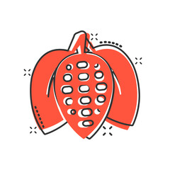 Cocoa bean icon in comic style. Chocolate cream cartoon vector illustration on white isolated background. Nut plant splash effect business concept.