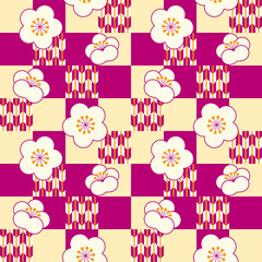 矢絣文様の入った赤紫の市松柄に白梅の花が並んだシームレスパターン