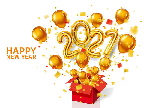 Happy New Year 2021 Background. Gold Realistic 3d Balloons Foil Metallic Numbers And Helium Balloons, Gift Box Explosion Of Glitter Gold Confetti. Vector Illustration Celebrate Festive Party, Poster