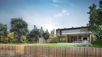 Modern tropical house design and loft style interior and canal landscape background 3d model