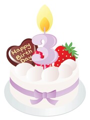 白い生クリームのお誕生日ケーキと3歳の数字のキャンドル