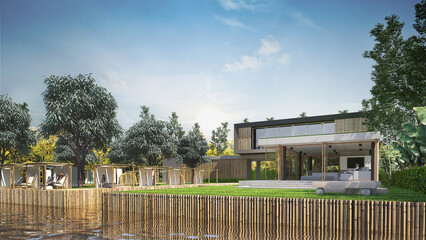 Modern house design and cafe loft style interior and canal landscape 3d model