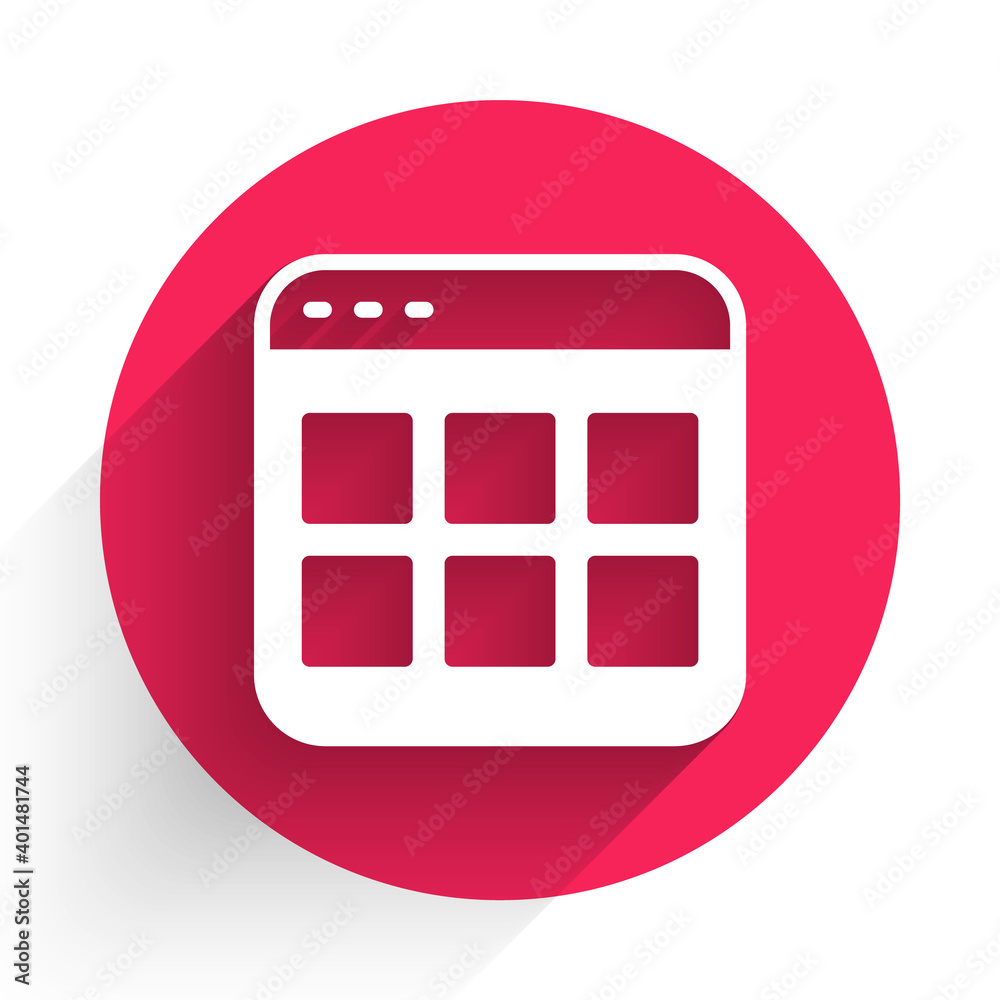 Poster white browser files icon isolated with long shadow background. red circle button. vector.