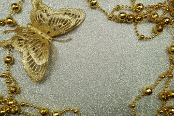 Glitter Butterfly Decoration with space copy on silver glitter background