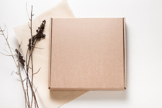Brown cardboard box, minimalism style decorated with dried brunches