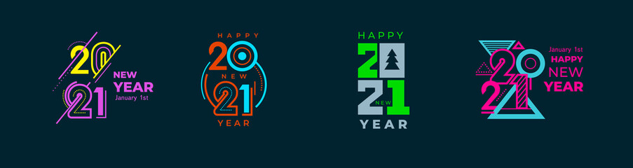 Colored Set of 2021 Happy New Year color logo text design. 2021 number design template. Lettering of 2021 symbol black background