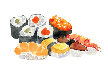 Watercolor illustration delicious fresh rolls and sushi