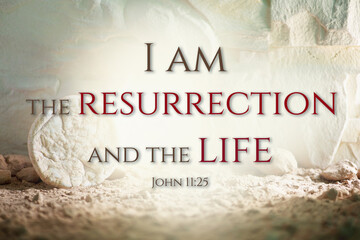 Jesus Christ resurrection. Christian Easter concept. Empty tomb of Jesus with light. Born to Die, Born to Rise. He is not here he is risen . Savior, Messiah, Redeemer, Gospel. Alive. Miracle. - 401484700
