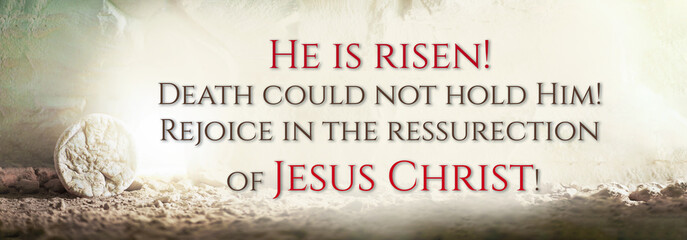 Stone is rolled away from empty grave on Easter morning. Jesus Christ resurrection. Empty tomb of Jesus with light. Born to Die, Born to Rise. He is not here he is risen . Christian Easter concept. - 401484746