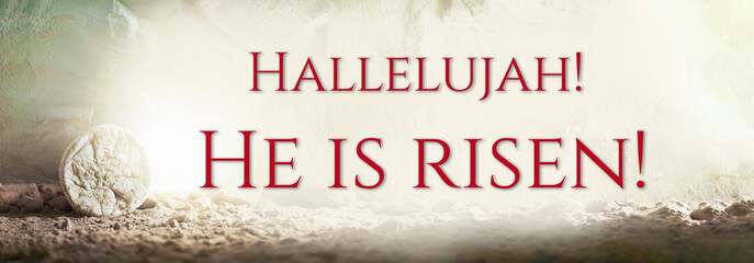 Stone is rolled away from empty grave on Easter morning. Jesus Christ resurrection. Empty tomb of...