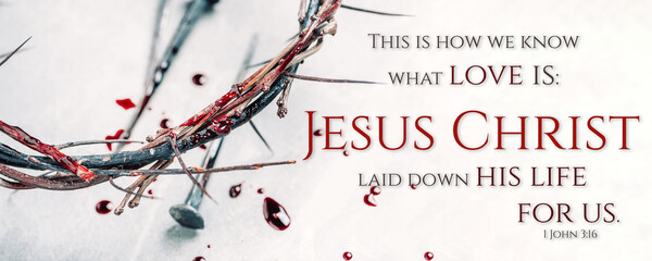 Christian crown of thorns with drops of blood, nails on grey background. Good Friday, Passion of Jesus Christ. Easter holiday. Crucifixion, resurrection of Jesus Christ. Gospel, salvation