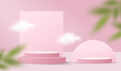 Abstract Valentine's day minimal scene on pastel background with cylinder podium and leaves. Stage mockup showcase for product, sale, presentation, cosmetic and discount. 3d vector illustration.