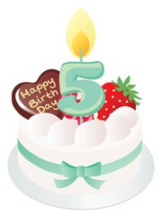 白い生クリームのお誕生日ケーキと5歳の数字のキャンドル