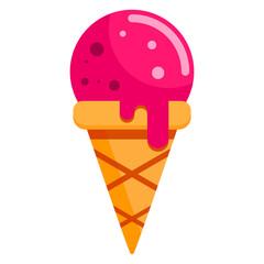 Melting ice cream ball in the waffle cone. Isolated vector illustration, flat outline icon. Comic character in cartoon style for t shirt design or sticker