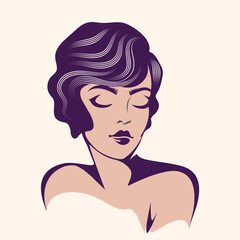 Hair salon and beauty studio illustration.Wavy hairstyle woman with elegant makeup.Cosmetics and spa icon isolated on light fund.Young lady portrait.Beautiful model face.Luxury,glamour, retro style.