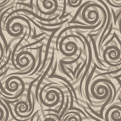 brown graceful flowing lines corners and spirals on a beige background vector seamless pattern.Abstract texture waves or swirl ornament in pastel colors.