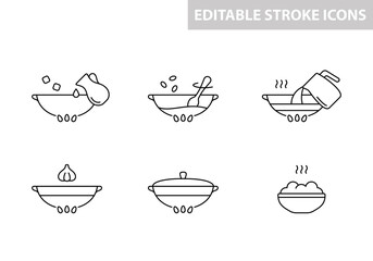 Pilaf cooking instruction. Black linear icon, editable stroke. Preparation of dish for rice or spices packaging design. Biryani or uzbek plov in cast-iron cauldron. Contour isolated vector pictogram