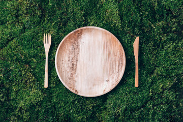 Wooden disposable tableware from natural materials, wooden spoon, fork on green moss background....