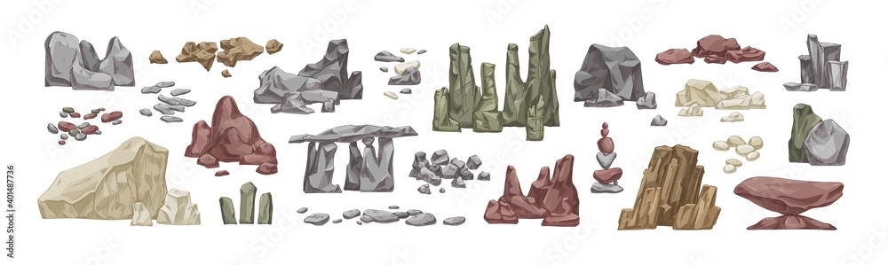 Wall mural set of various stone and rock hand drawn vector illustration in realistic style. bundle of detailed 