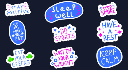 Collection of hand drawn lettering about healthy lifestyle. Set of stickers - stop smoke, do sports, sleep well. Unique vector design elements concept