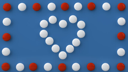 Greeting card, heart from white circles on a blue background with a frame from white with red circles 3d rendering.