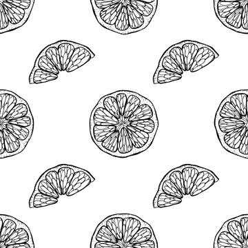 Citrus seamless pattern. Cut off  round piece segment of fruit in the skin. Mandarin lemon orange grapefruit lime. Hand drawn doodle outline black sketch. Stock vector illustration on white background