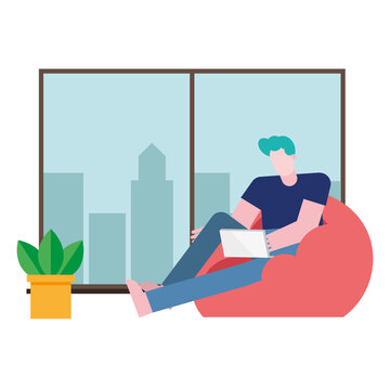 Man with laptop on puf working from home vector design