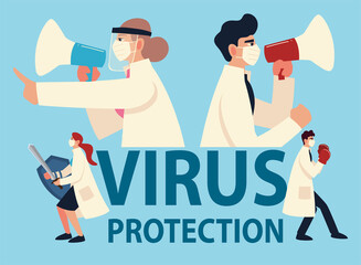 covid 19 virus protection and doctors with masks and megaphones vector design