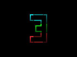 3 number vector outline stroke desing, font logo. Red, green, blue color on black background. For social media,design elements, creative poster, web template and more