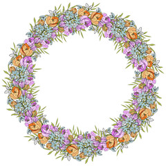 Floral round frame of spring flowers in gentle colours. Wreath of spring flowers. Vector.