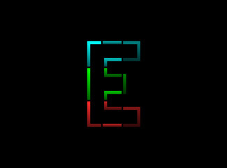 E letter vector outline stroke desing, font logo. Red, green, blue color on black background. For social media,design elements, creative poster, web template and more