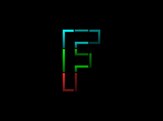 Obraz premium F letter vector outline stroke desing, font logo. Red, green, blue color on black background. For social media,design elements, creative poster, web template and more