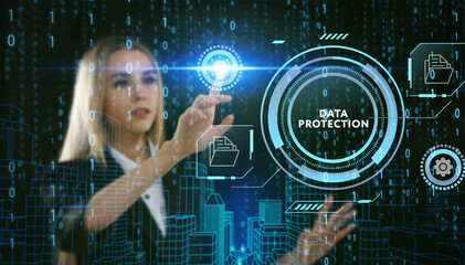 Business, Technology, Internet and network concept. Young businessman working on a virtual screen of the future and sees the inscription: Data protection