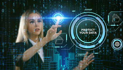 Business, Technology, Internet and network concept. Young businessman working on a virtual screen of the future and sees the inscription: Protect your data