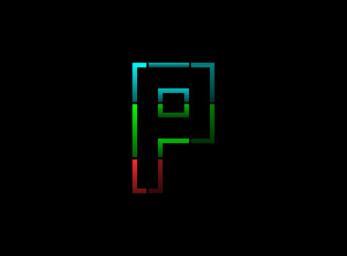 P letter vector outline stroke desing, font logo. Red, green, blue color on black background. For social media,design elements, creative poster, web template and more