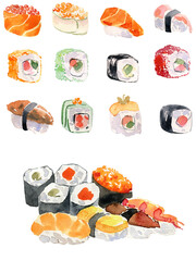 Watercolor illustration set of delicious fresh rolls and sushi
