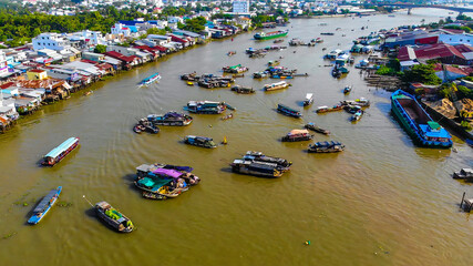 Aerial view of Cai Rang floating market, Can Tho, Vietnam. Cai Rang is famous market in mekong...