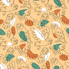 Vector continuous line seamless pattern with wild barn owl flying in the night
