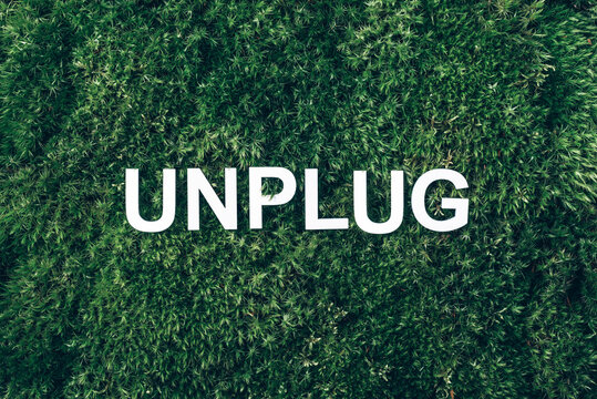 Word Unplug, white internet usb adapter on moss, green grass background. Top view. Copy space. Banner. Biophilia concept. Nature backdrop - Powered by Adobe