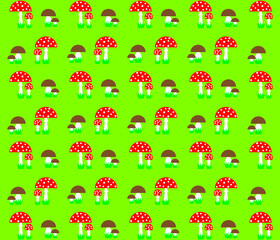 Fly agaric and whites mushroomson on a green background . Seamless vector pattern.