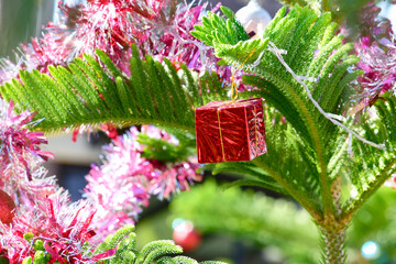 Close up of  Gift box  on christmas tree. Holiday background. Merry Christmas and Happy New Year Concep