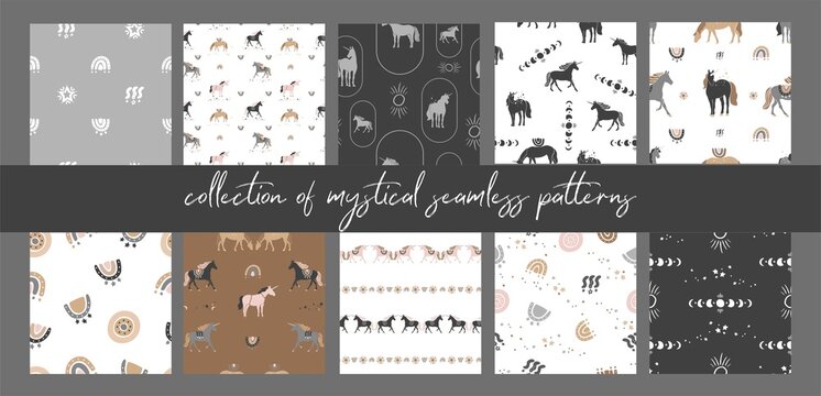 Set of vintage seamless patterns with unicorns, stars, rainbows, moon, sun. Collection of boho style backgrounds with modern abstract elements for wrapping paper, wallpaper. Vector illustration.