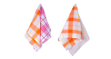 Orange, red checkered and white hanging  kitchen towels isolated on white background