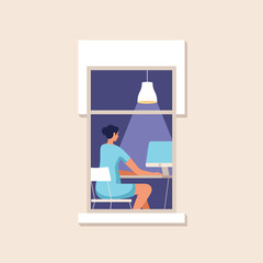 A young woman works at home at the computer. Work at home. Online study, education. Facade of house with a window. Vector illustration.