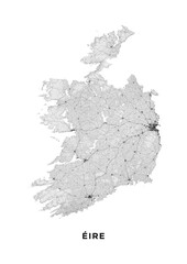 Ireland map poster (portrait). Road map of Ireland. It includes all roads of the country (from highways to country roads and railways). Light grayscale printable graphics.