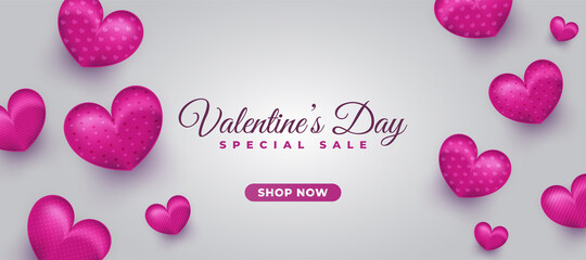 Valentine's day sale banner with 3d purple heart on white background for advertisement or promotion